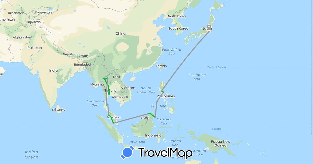 TravelMap itinerary: driving, bus, plane, boat in Japan, Malaysia, Philippines, Thailand (Asia)